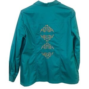 Woman's Western Cowboy Teal Embroidered Top Back Cotton Fitted Jacket Large Read